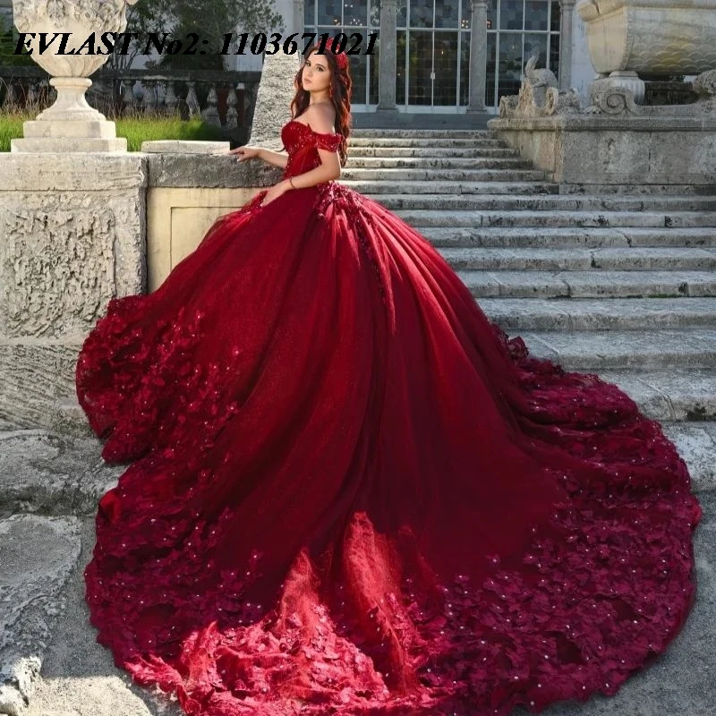 ชุดเดรสงาน Quinceanera สีม่วงเบอร์กันดีแบบกำหนดเองของ EVLAST ประดับด้วยลูกปัดและดอกไม้ 3 มิติ พร้อมคอร์เซ็ทสำหรับงานปาร์ตี้ฉลองอายุ 16 ปี หรือ 15 ปี รุ่น E2QA102