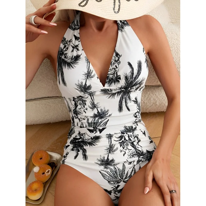 2023 Ruched Halter Swimsuit One Piece Swimwear Women Sexy Bathers Bathing Swimming Swim Suit Female Beachwear