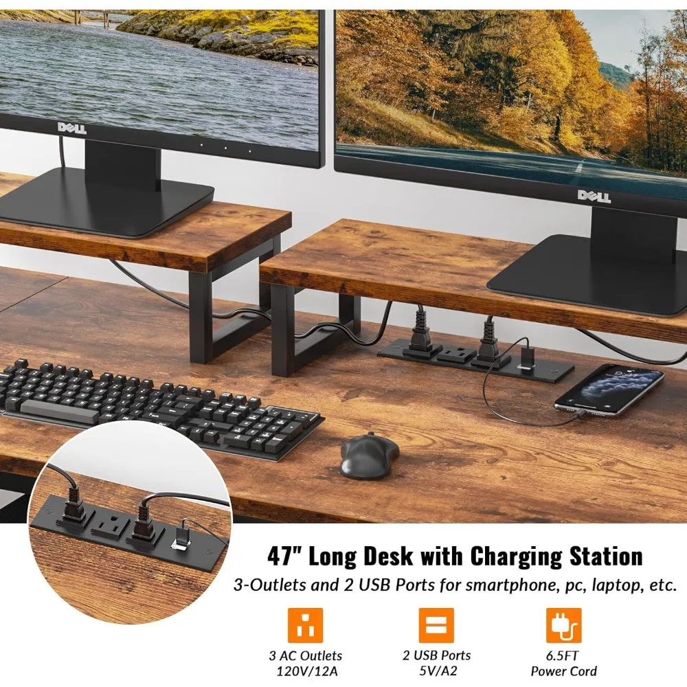 Computer desk with drawer and power socket, desk with 2 monitor stands, writing game desk with shelf and 2 hooks