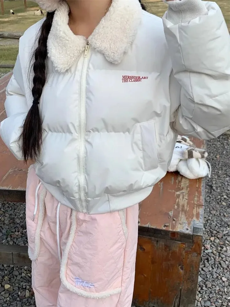 

Винтажные милые парки с буквами, женские повседневные пуховые пальто в американском консервативном стиле с длинным рукавом, милая зимняя теплая куртка с воротником ягненка