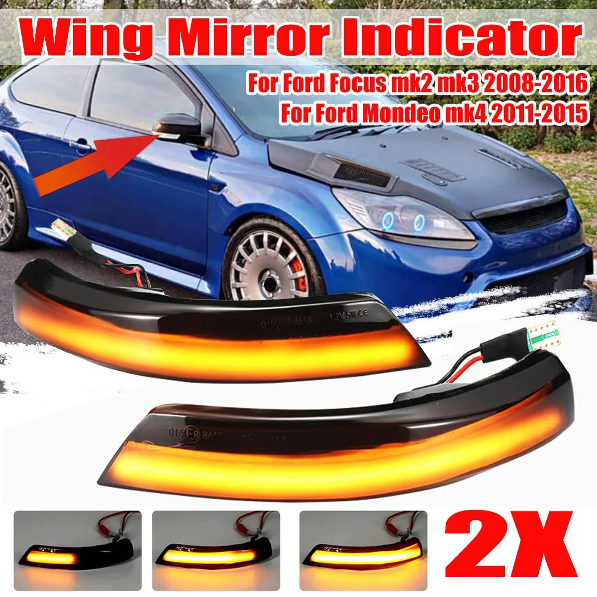 2x LED Flowing Side Rearview Mirror Indicator Light for Ford Focus 2 3 Mk2 Mk3 Mondeo Mk4 2008-2016 Turn Signal Lights Lamp