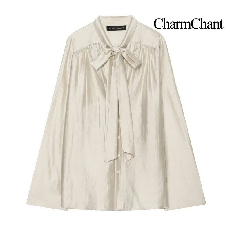 CHARMCHANT Women Satin Silk Bow Blouse Long Sleeve Button Down Shirt Loose Fit Solid Color Elegant Office Lady Top