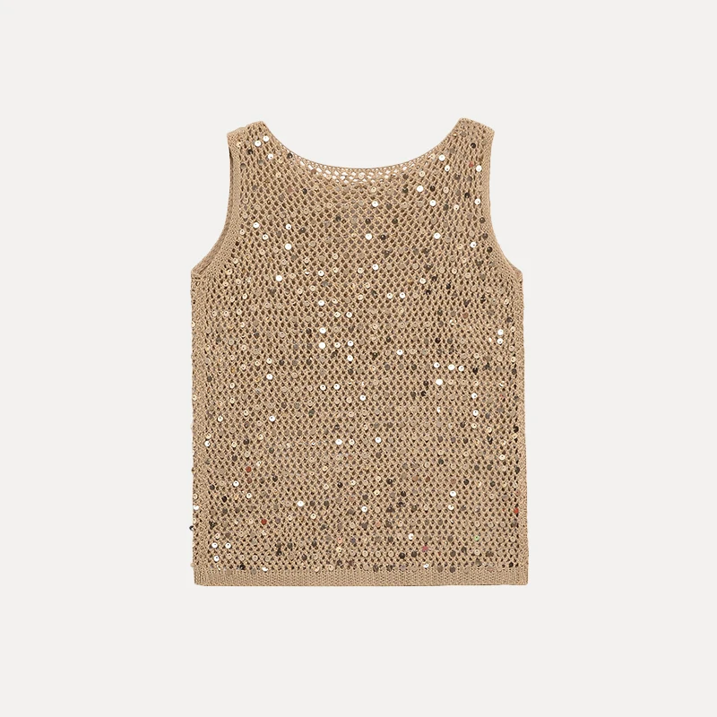 بلوزة نسائية أنيقة مزينة بالترتر بتصميم مفرغ من زاداتا، تصميم أصلي من ألياف البوليستر بقصة مستقيمة قطعة واحدة لصيف 2025