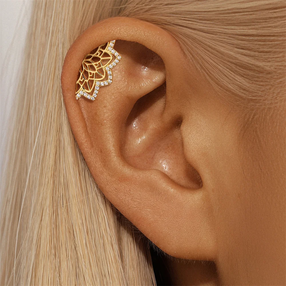 ROXI 925 Sterling Silver Skeletonized Lotus Women's Cartilage Helix Multi Size Post Flat Back Piercing Earring Gifts For Her
