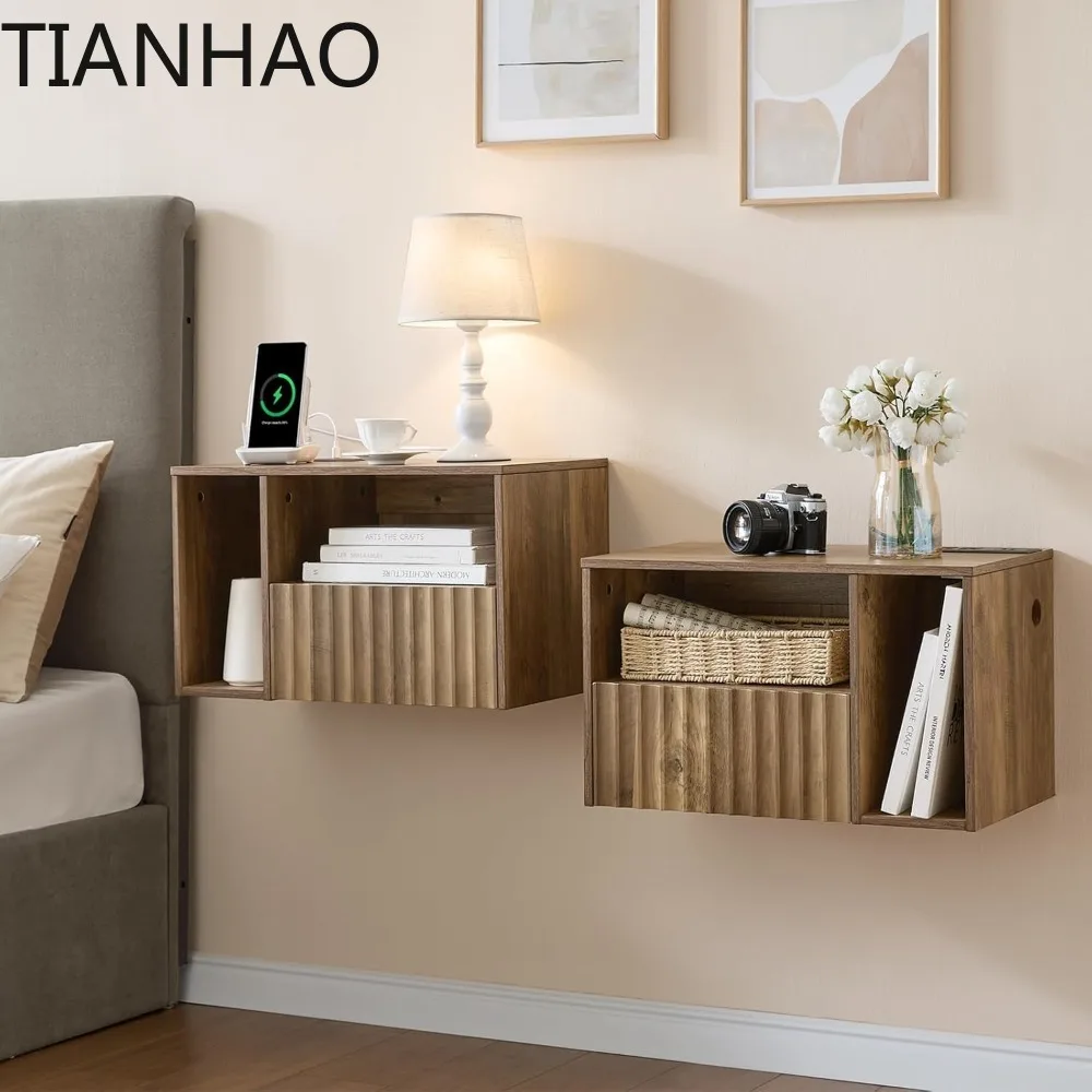 Floating Nightstand with Charging Station - Modern Rustic Brown Fluted Bedside Table with Drawer, USB Ports & Outlets (Set of 2)