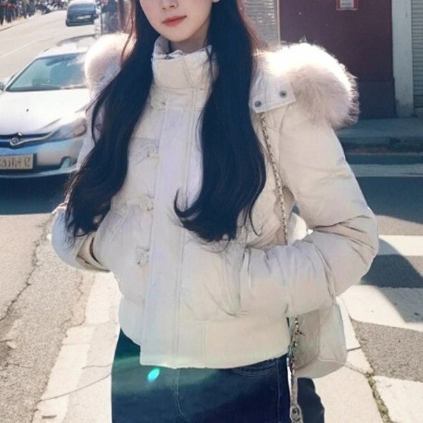 Solid Color Big Fur Collar Cotton Clothes Women's Short 2026 Winter New Waist Thickened Cotton Coat