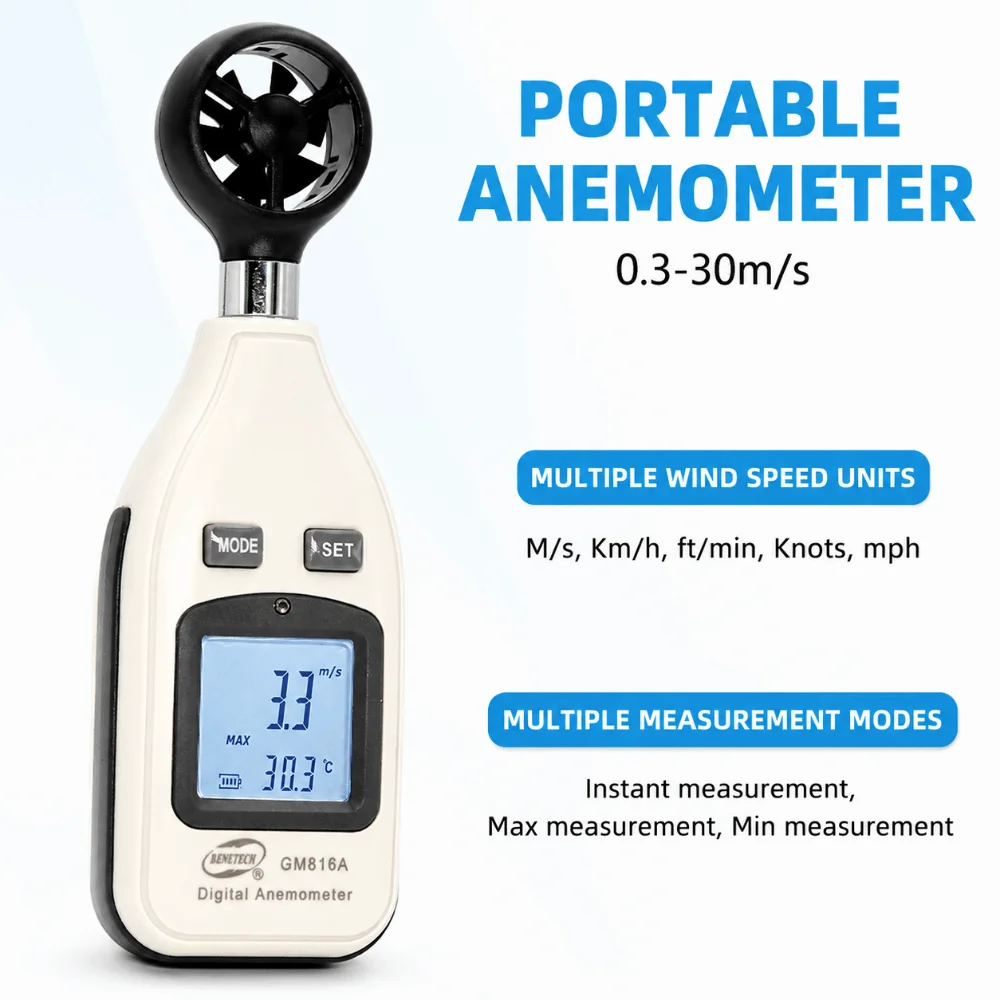 Handheld Mini Digital Anemometer GM816A Model 9V Battery Powered Air Flow Tester Dual Wind&Temp LCD Backlight Wind Speed Meter