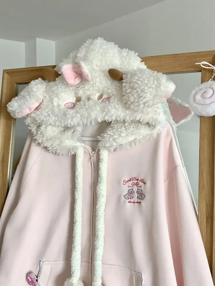 Vintage Kawaii à manches longues manteau ample avec capuche femmes japonais mignon fermeture éclair sweats femme décontracté Y2k veste pardessus Chic