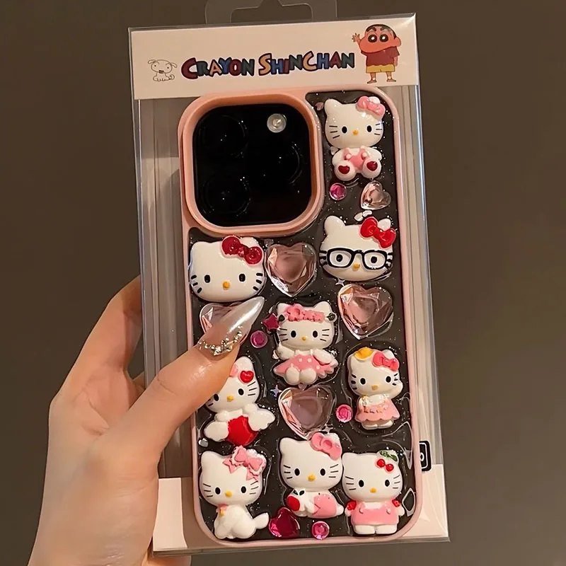 Hello Kitty Phone Case Rhinestone Drip Kitty KT Pink Sanrio Phone Case For iPhone 16 15 14 13 Pro Max Anti Fall Transparent Girl