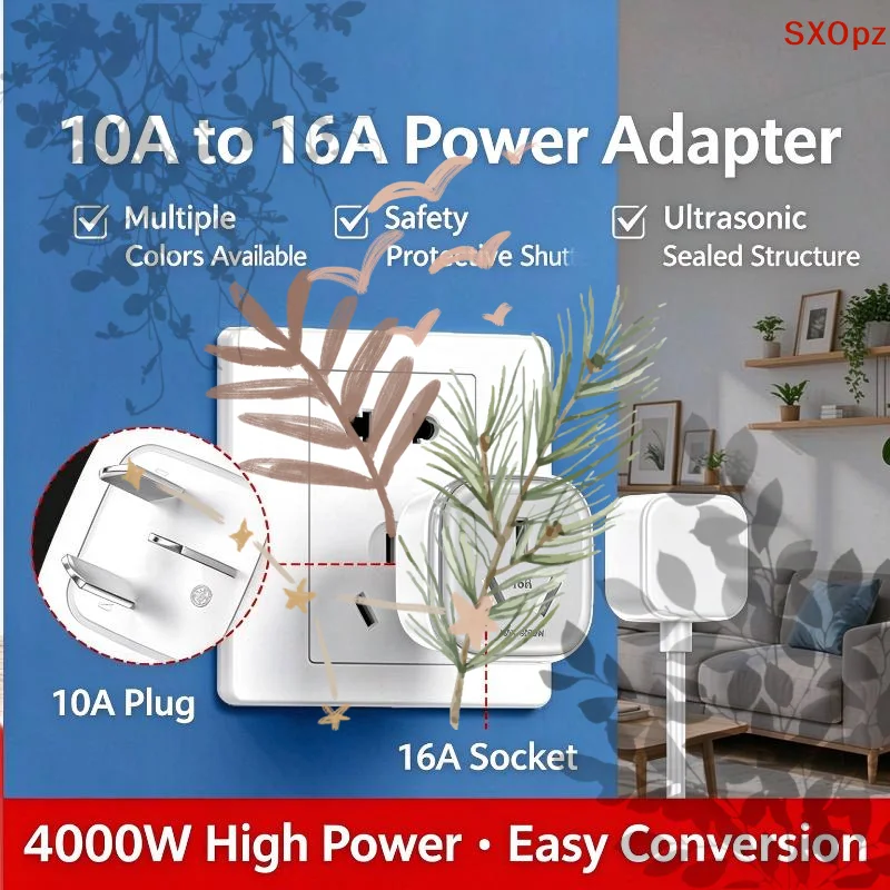 10A to 16A Power Plug Adapter, Flame-retardant PP 4000W Adapter for Home AC and Water Heater Use