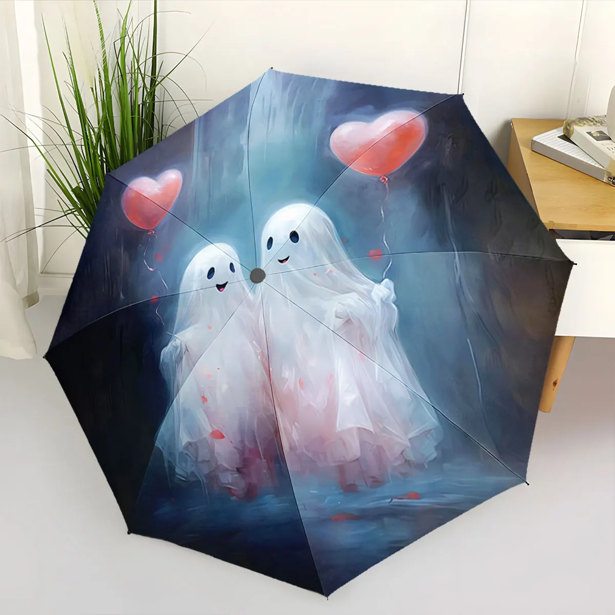 Romantic Ghosts with Heart Balloons Umbrella Design portable waterproof sun rain umbrella for outdoor travel beach
