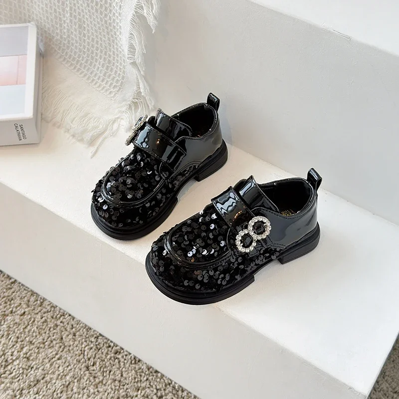 Jogerli Bling Fashion Leather Shoe For Kids Girls Sequined Black Silver Rubber Children School Dress Shoes For Party