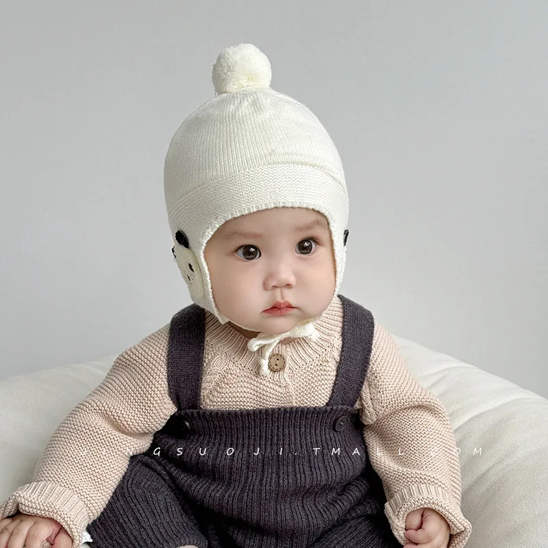 Gorro de bebé para otoño e invierno, gorro de punto cálido con dibujos animados para bebé, gorro grueso con protección para los oídos, gorro de lana para bebé de pequeña edad