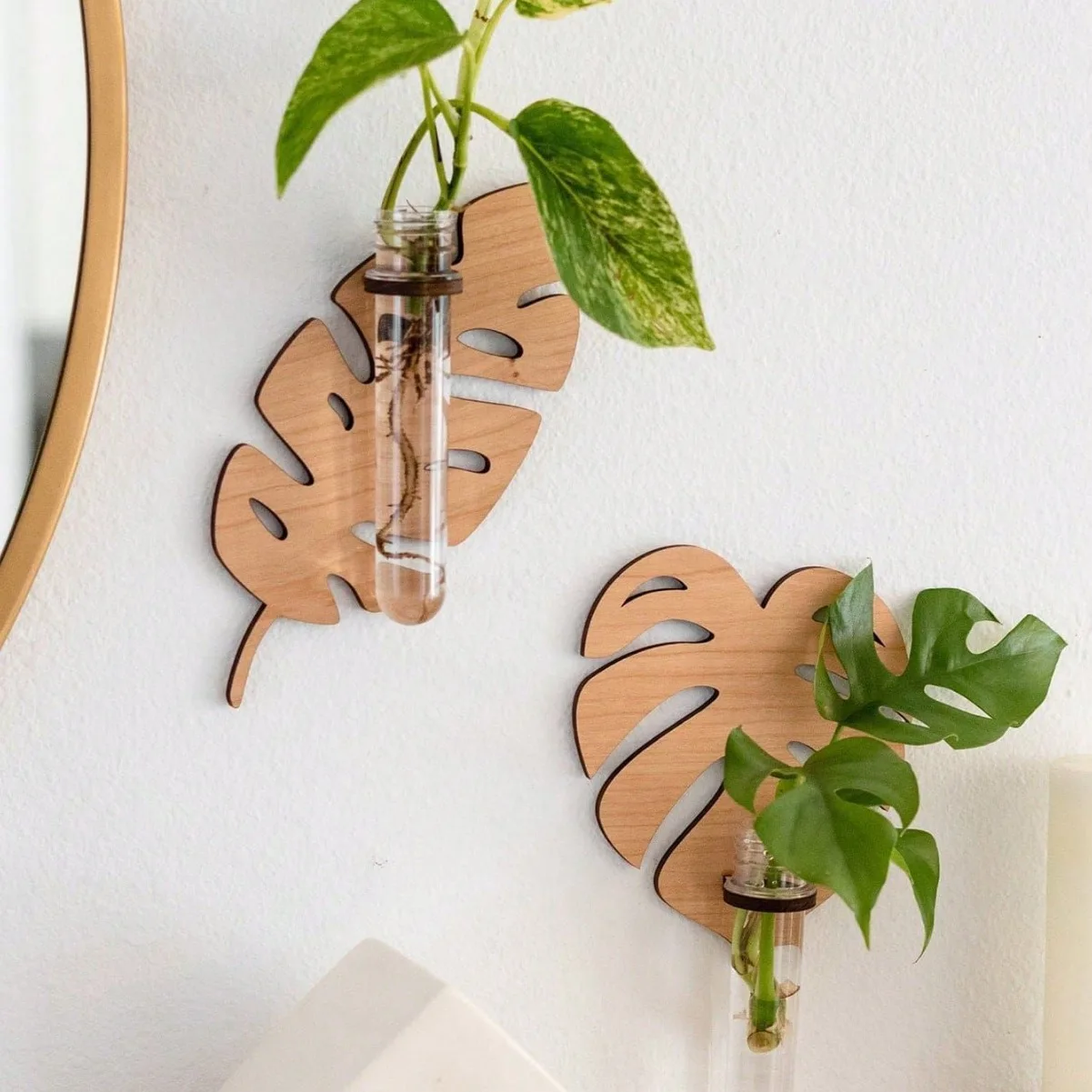 Hollow leaf plant vase rack storage design wooden simple wall decoration vase rack