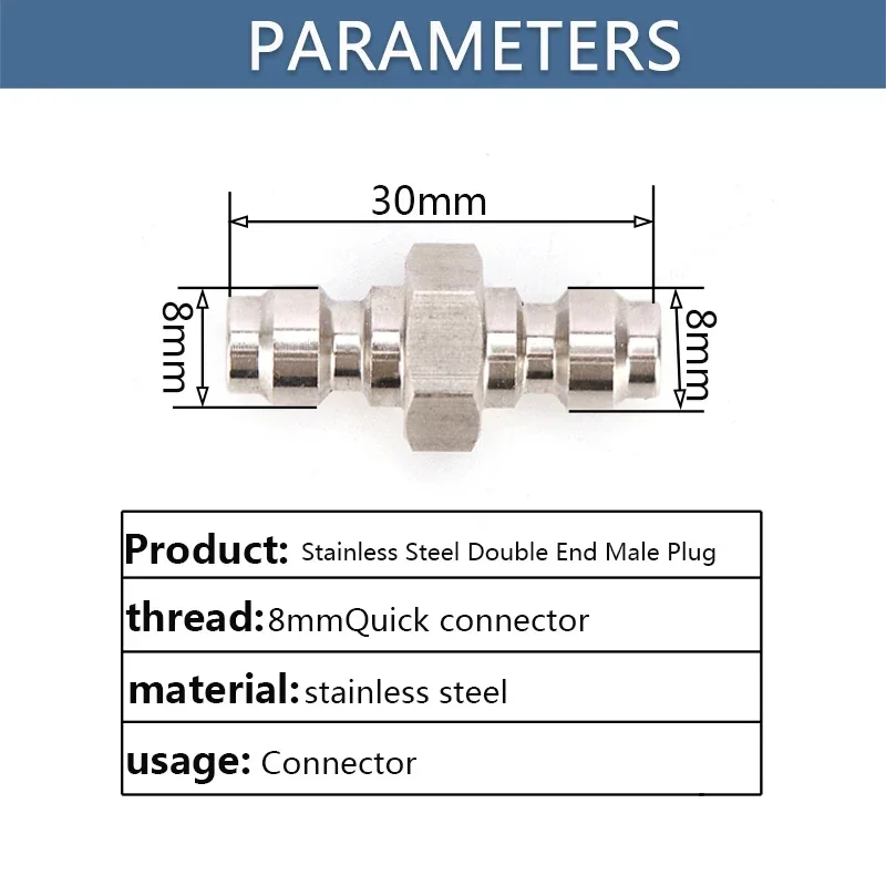 Coumonopole de prise à double extrémité en acier inoxydable, tête de remplissage, raccord rapide pneumatique, prise de remplissage d'air, allergique rapide, 8mm, 3 pièces