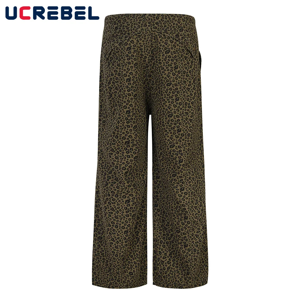 leopard print Spliced Casual Pants Mens Pleated  High Street Drawstring elastic waist Loose Wide leg Trousers Men