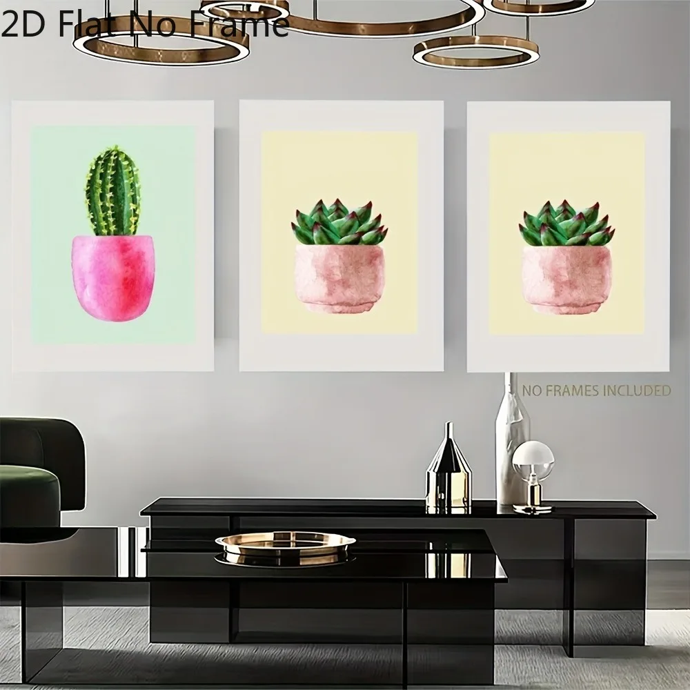 2D Flat, 3pcs Modern Bohemian Frameless Cactus Wall Art - Minimalist Watercolor Canvas Paintings Suitable for Indoor Decor, C