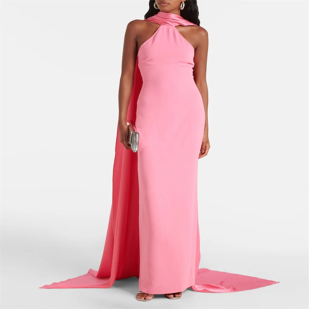 New Arrival Halter Neckline Draped Panels Satin Straight Evening Dress Back Zipper Floor Length Sweep Train Gown For Women 2024