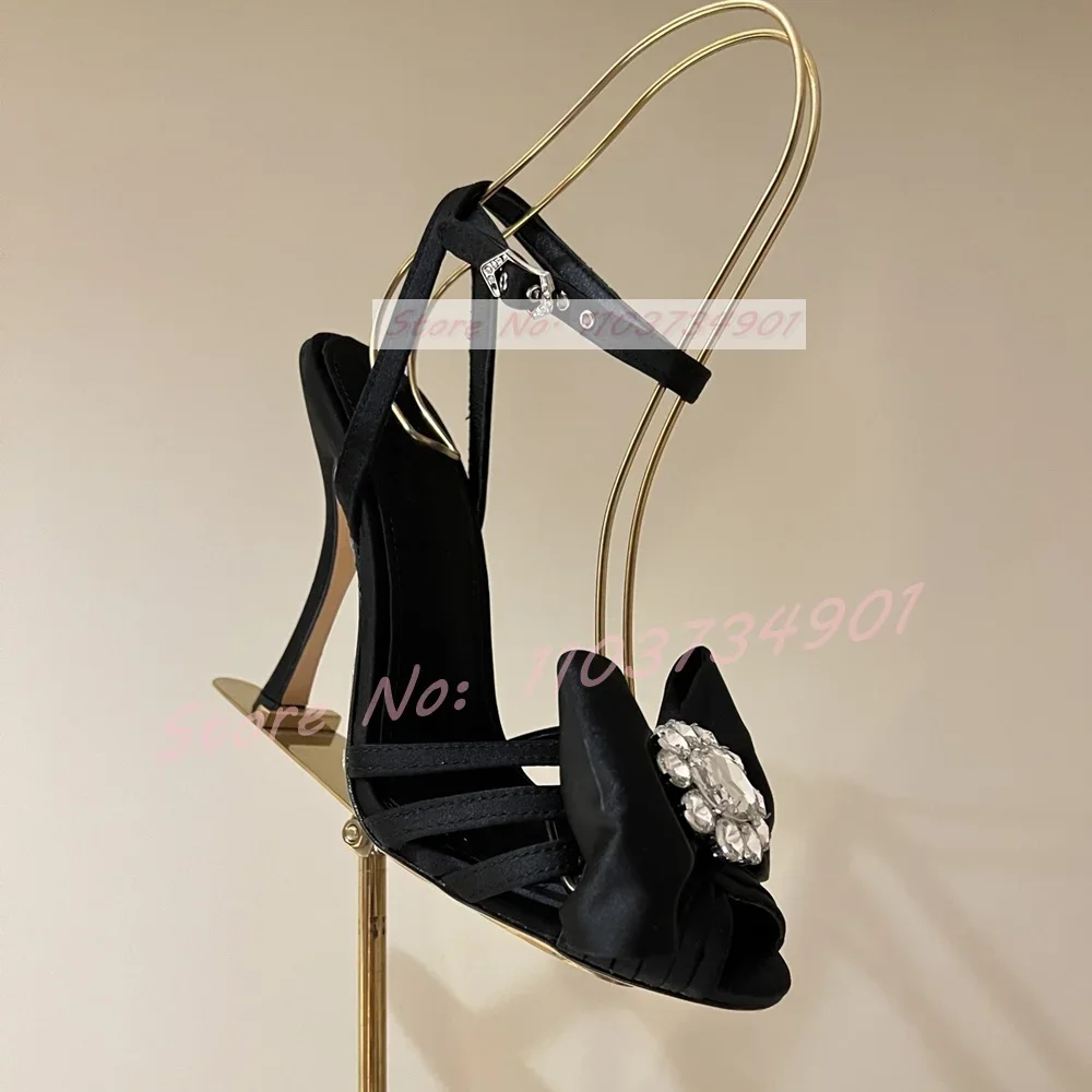 Crystals Pink Satin Caged Sandals Women Butterfly-knot Peep Toe Ankle Strap Leather High Heels Shoes Lady Classy Trendy Sandals