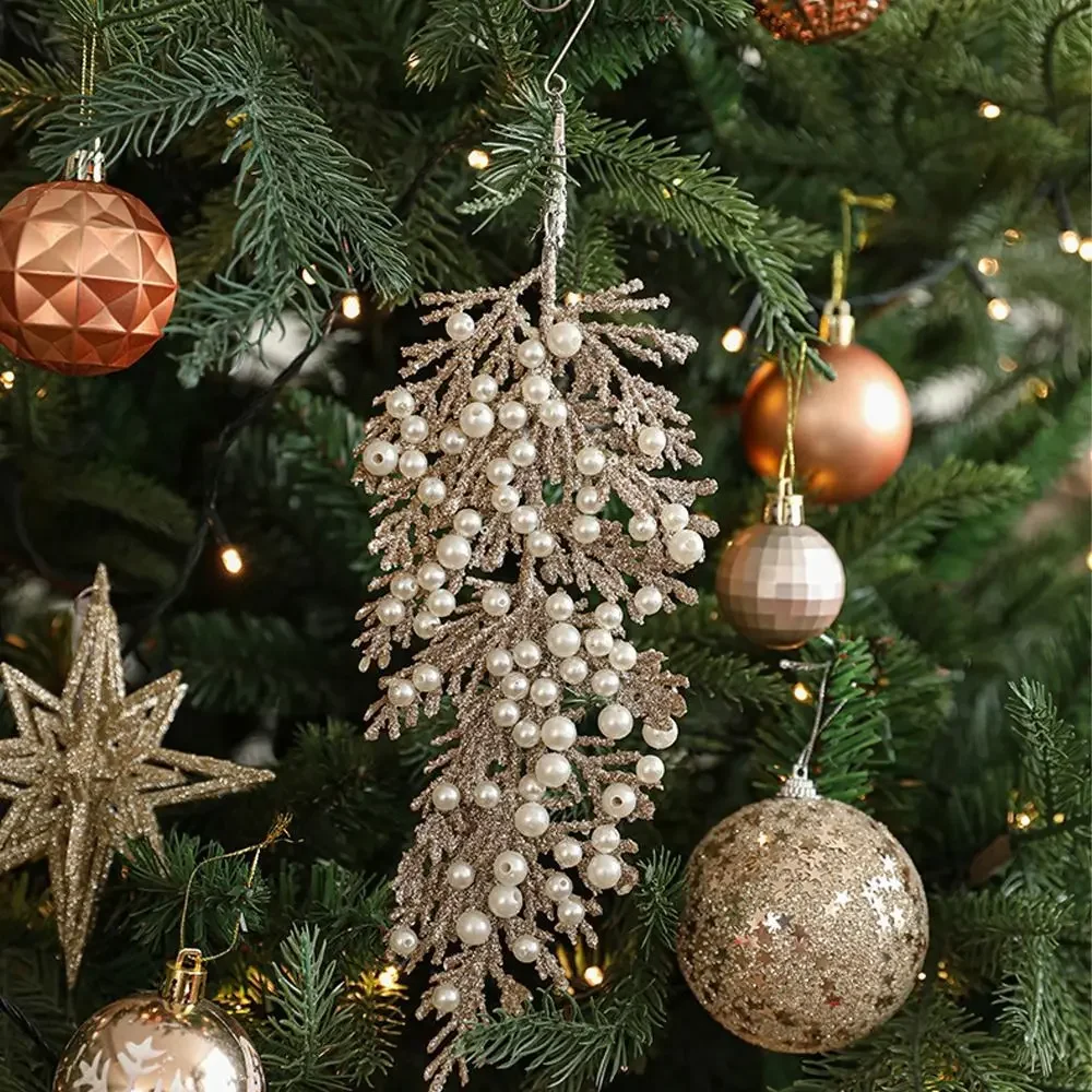เครื่องประดับต้นคริสต์มาส รูปใบไม้ประดับผงมุกสีแชมเปญ สำหรับตกแต่งงานปาร์ตี้วันหยุดคริสต์มาสและปีใหม่