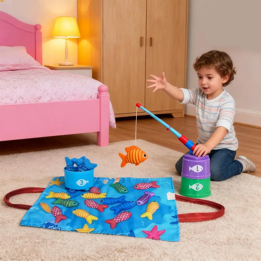 Kids Fishing Toys Plush Little Fishpond Set Simulating Fishing Games Number Color Cognition Fine Motor Training Montessori Toys