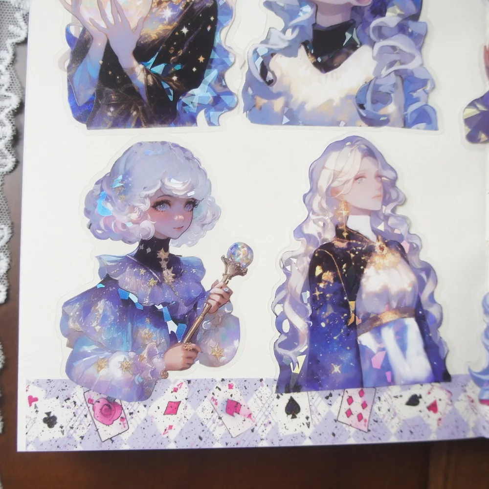 

18pcs Laser Diamond Pattern Silver Witch Under The Starry Sky Girl Style PVC Sticker Scrapbooking DIY Gift Label Decoration Tag