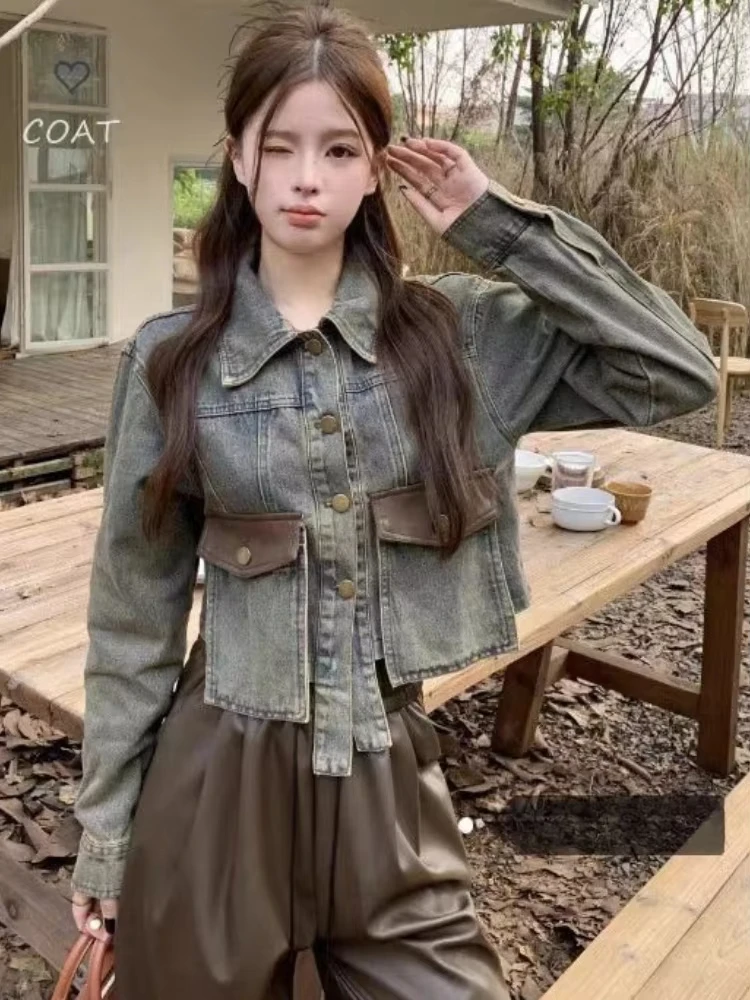 American Vintage Denim Coat Long Sleeve Pockets Patchwork Irregular Jackets Y2k Harajuku Design Crop Tops Slim Women's Clothing