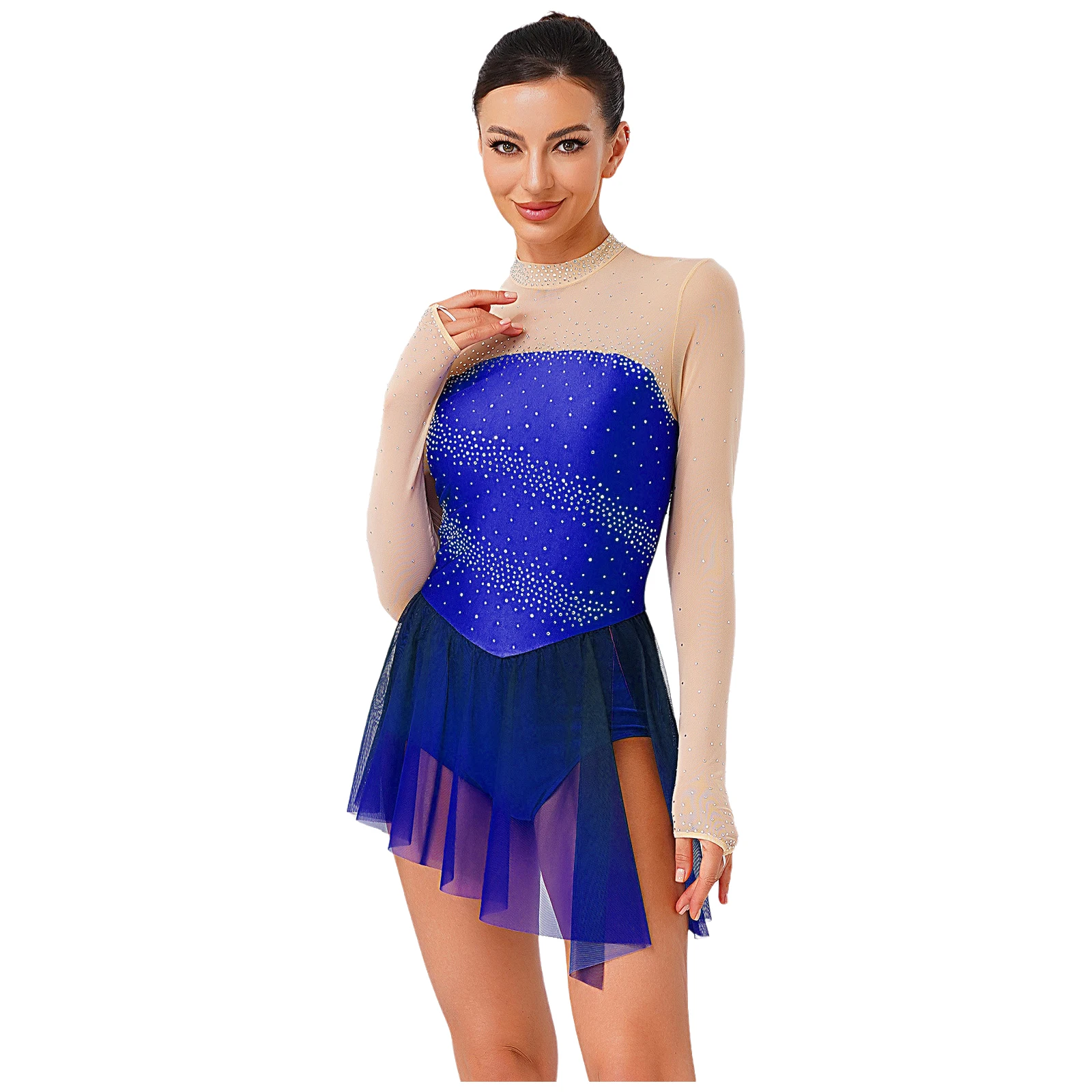 Womens Rhinestone Figure Ice Skating Dress Sheer Mesh Latin Ballet Leotard Contemporary Lyrical Dance Performance Costumes