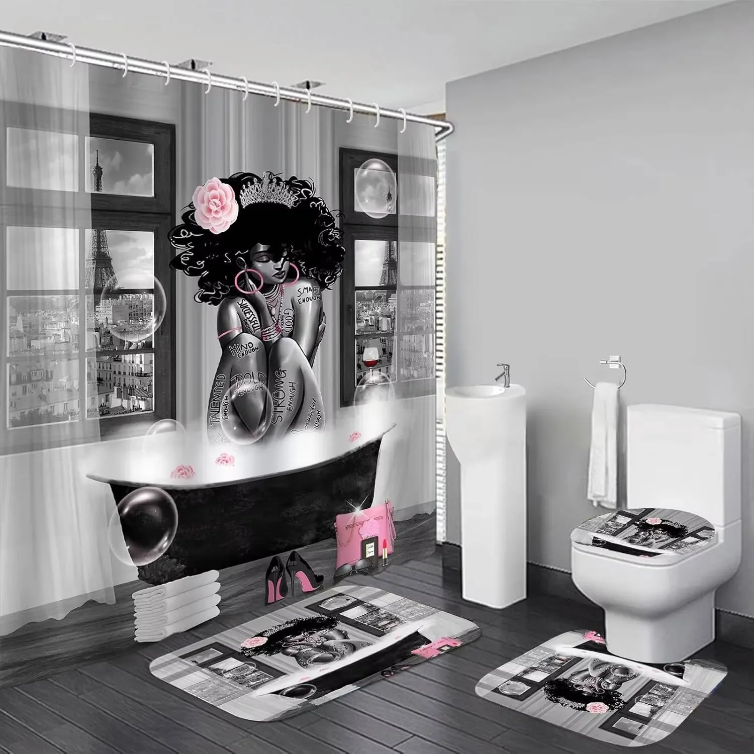 4 Pcs Afro Black Woman Shower Curtain Set Waterproof Fabric Bath Curtain Paris Non-Slip Bath Mat Toilet Lid Cover Decor