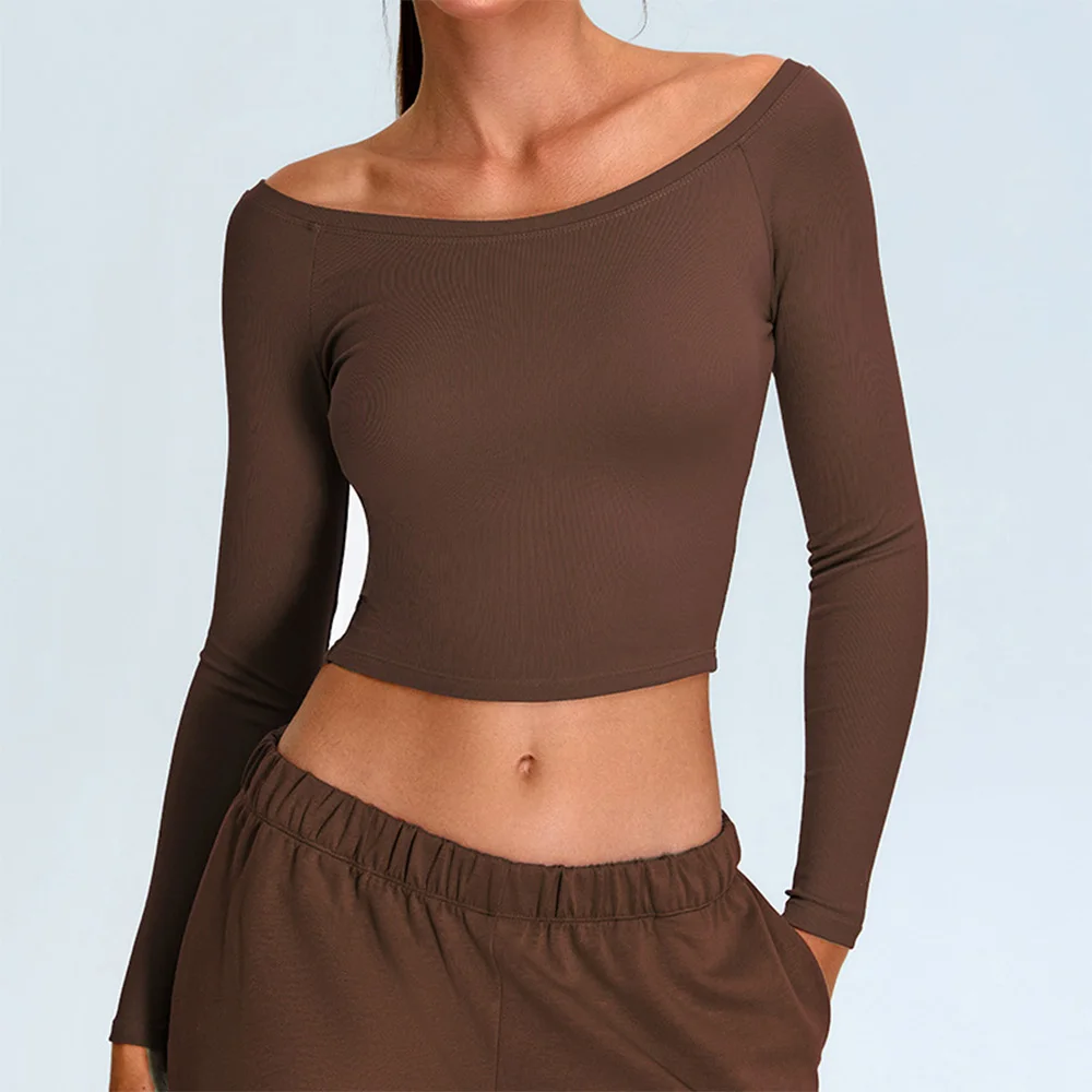 Off Shoulder Long Sleeve Yoga T-shirts Women Solid Sports Top Gym Workout Running Shirts Sexy Quick Dry Fitness Gym Sport Wear