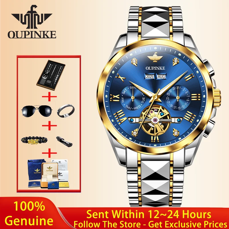 

OUPINKE Men Watch Luxury Skeleton Automatic Mechanical Watch Sapphire Waterproof Tungsten Steel Brand Watch Reloj Hombre 3240