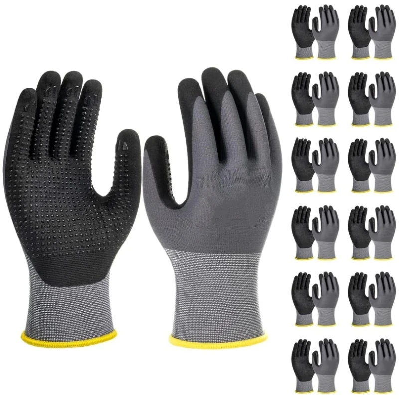 Guantes de trabajo de seguridad con revestimiento de nitrilo de microespuma, guantes de trabajo de nailon de punto sin costuras antideslizantes para hombres, mecánico, jardinería, automóvil Industrial