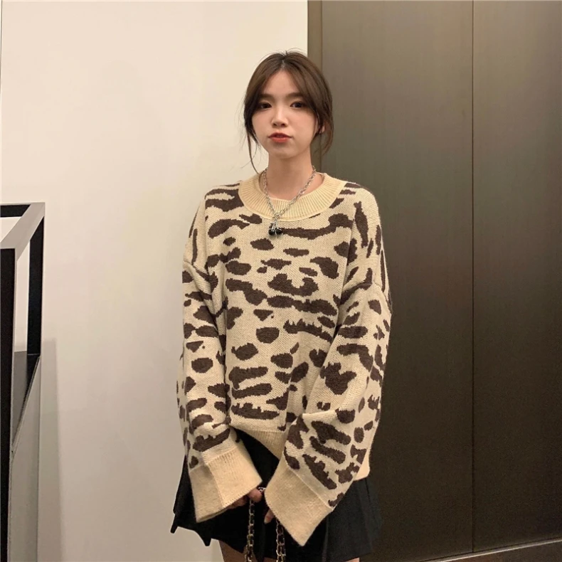 Women\'s Leopard Gothic Pullover Knitted Sweater Harajuku Korean 90s Y2k Long Sleeves Jumper Striped Sweaters Vintage 2000s