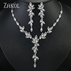 ZAKOL 3 Pcs Luxury Shiny Full Zircon Jewelry Set for Women Exquisite Gorgeous Earrng/Necklace/Bracelet Versatile Wedding Jewelry