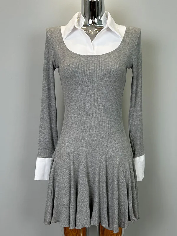 الخريف/الشتاء النسخة الكورية الجديدة بولو التلبيب التباين اللون فستان بكم طويل المرأة Cinching الخصر التفاف الورك فستان قصير F407 #6