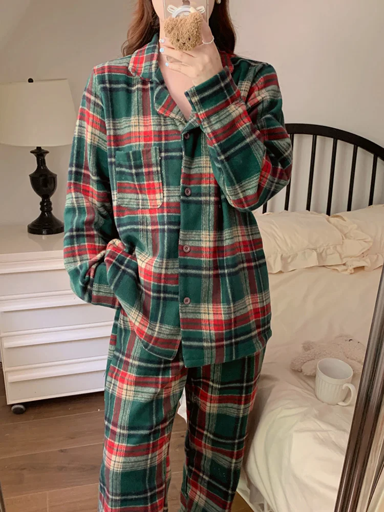 New 2colors Christmas Lovers Simple Plaid Thicken Stripe Couple Long Sleeve Pajama Set Women Loose Winter Vintage Sleepwear Ins