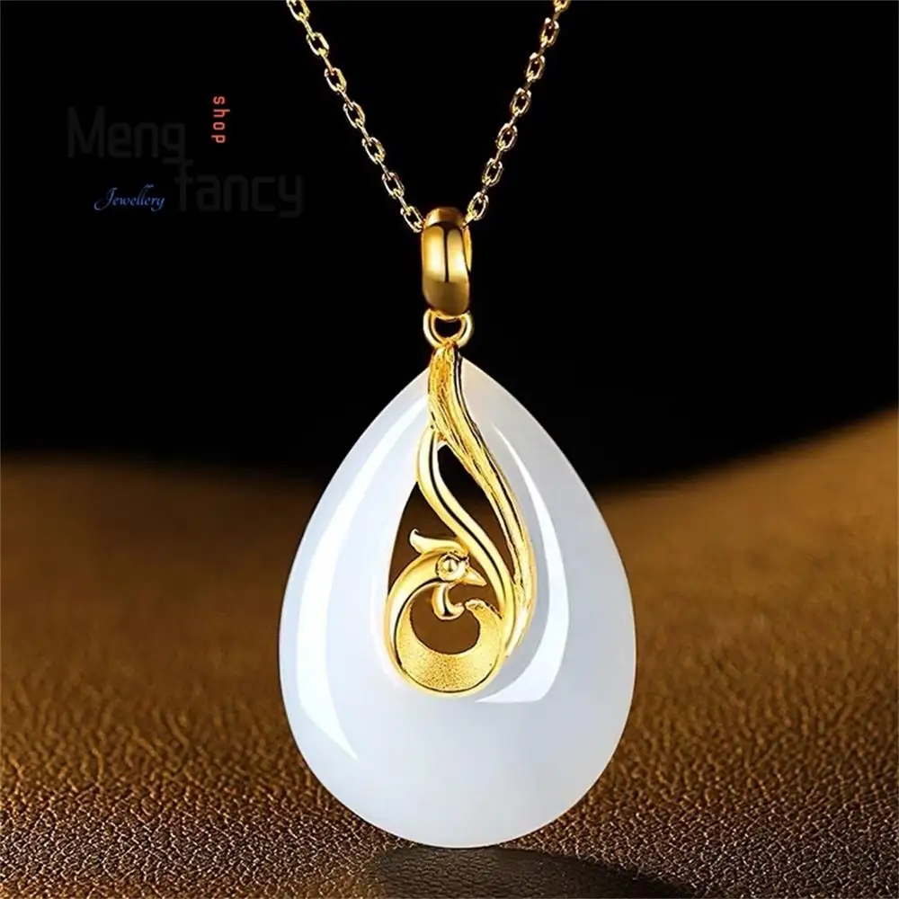 

Natural Sheep's Fat White Golden Silk Jade Inlaid Phoenix Water Drop Pendant Charm Exquisite Best Selling Fashion Luxury Jewelry