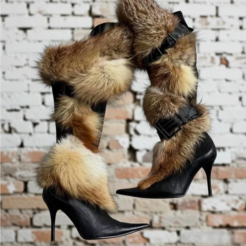

Luxury Faux Fur Cross Strap Thigh High Boots Pointed Toe Black Leather Belt Buckle Furry Dress Shoes Cover Heels Women Evening