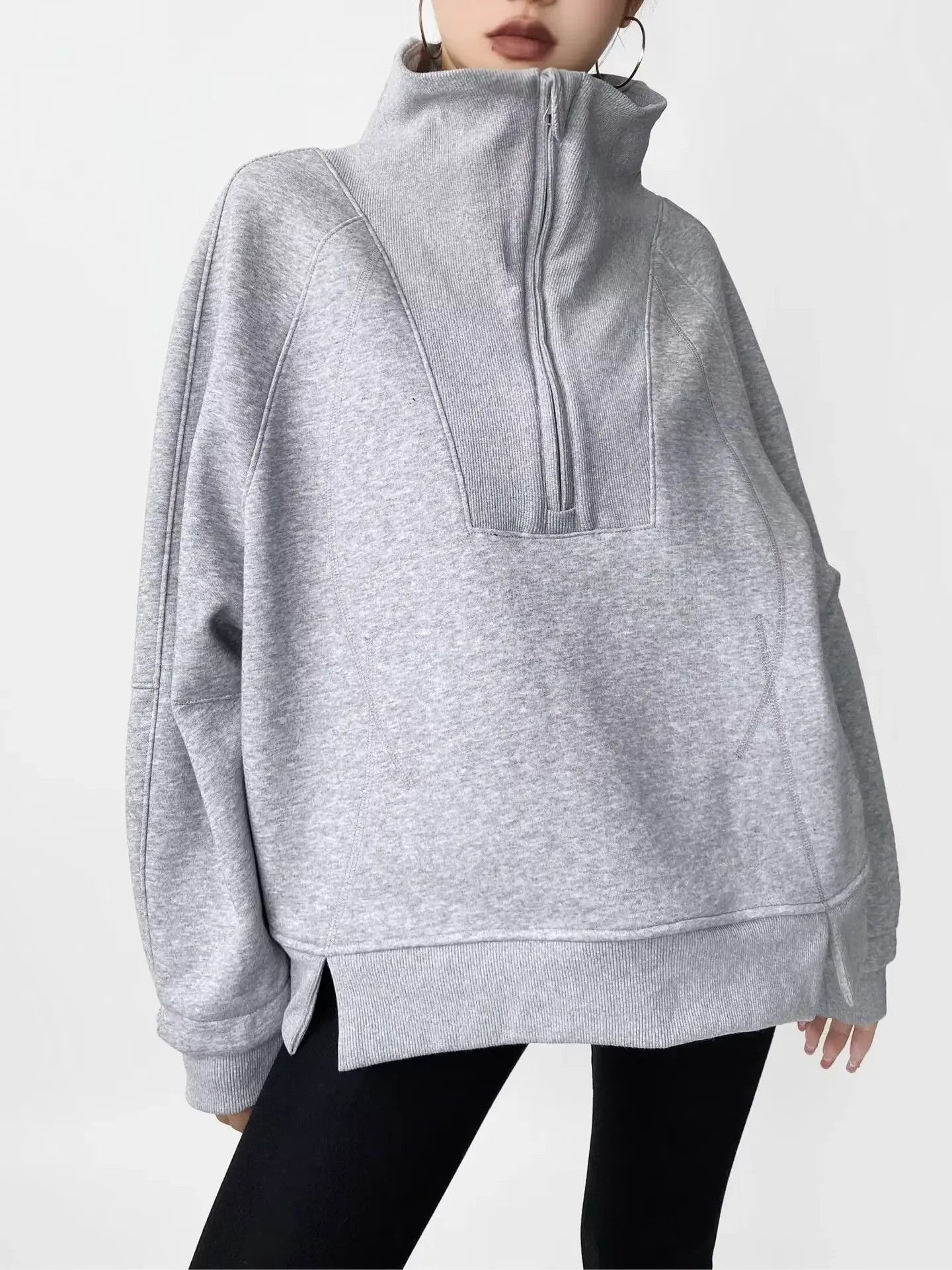 لولو نمط ربيع الخريف الوقوف الياقة نصف البريدي فضفاض المرأة عارضة رياضي المرقعة البلوز ملابس خارجية عصرية #5