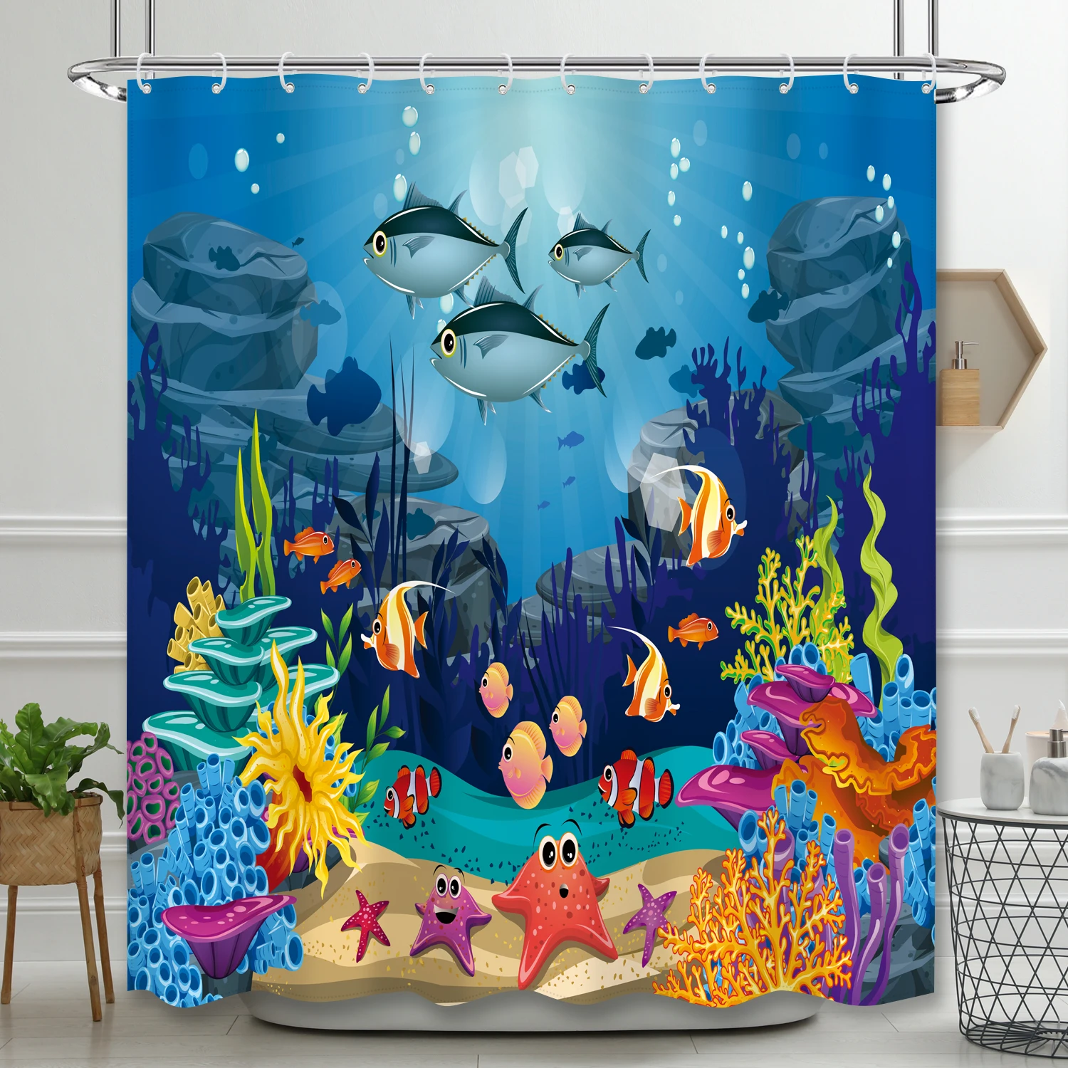 1pcs Undersea World Series Fish Shower Curtain with 12 Hooks Waterproof Perfect for Bathroom Decoration and Mold Prevention