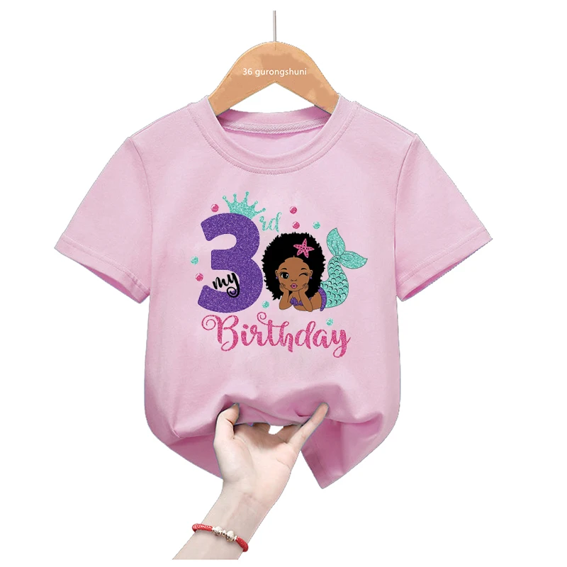 Pink Tops Mermaid My 1-9 Birthday T-Shirt Black Girls Melanin T Shirt Birthday Gift Kids Clothes Short Sleeve Tees Name Custom