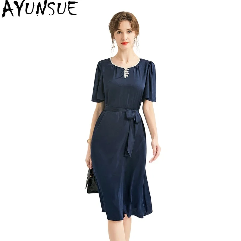 

AYUNSUE 92.3% Mulberry Silk Dress Women Elegant Women's Dresses Summer Clothes French Long Dress Lace-up Vestidos De Mujer 2024