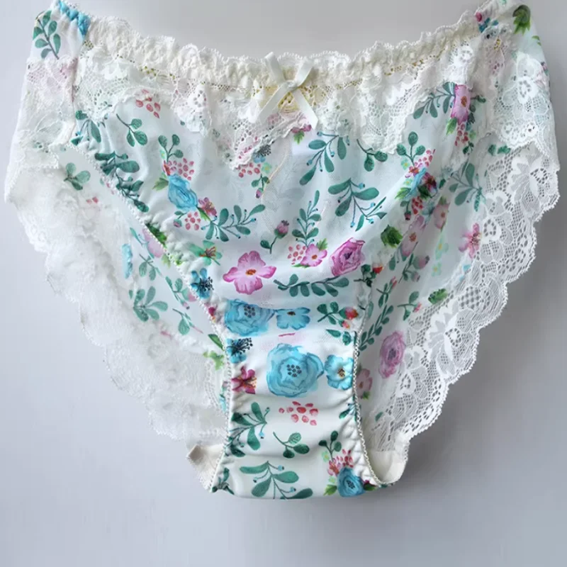 Sexy Print Lace Trim Bow Women Lingerie Mid Waist Seamless Stretch See-through Wrap Buttocks Knickers LGBQ Party Underwear