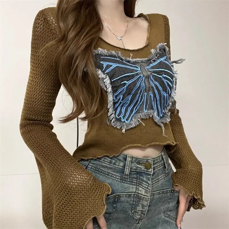 Women\'s Round Neck Spring Autumn New Fashionable Hollow Out Flare Sleeve Patchwork Embroidery Tassel Shorts Knitted Sweater Tops