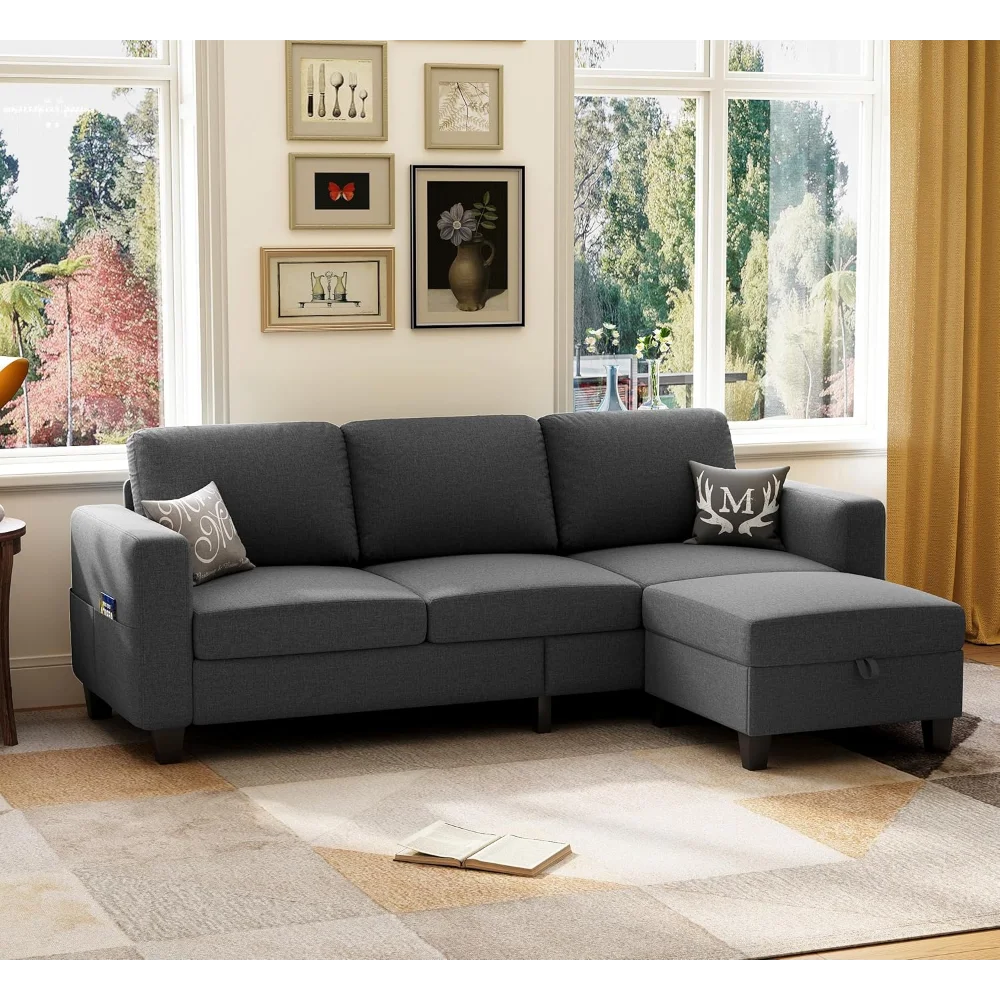 

Sectional Sofa Couches for Living Room, 78'' Dark Grey 3 Seater L-Shaped Couch with Storage Ottoman, Comfy Fabric
