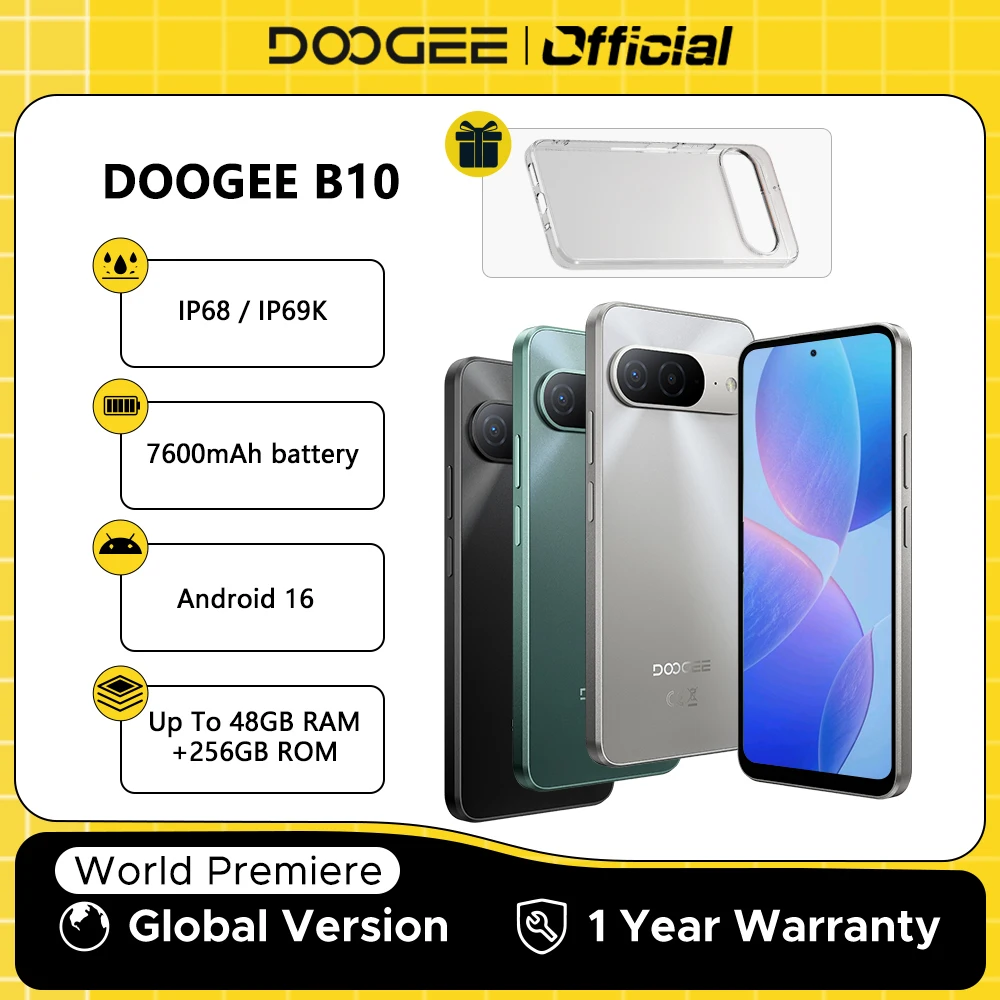 World Premiere DOOGEE B10 Smartphone 7600mAh Battery 6GB 256GB 6.6'' Display 64MP AI Camera Gemini AI Android 16 Mobile Phone