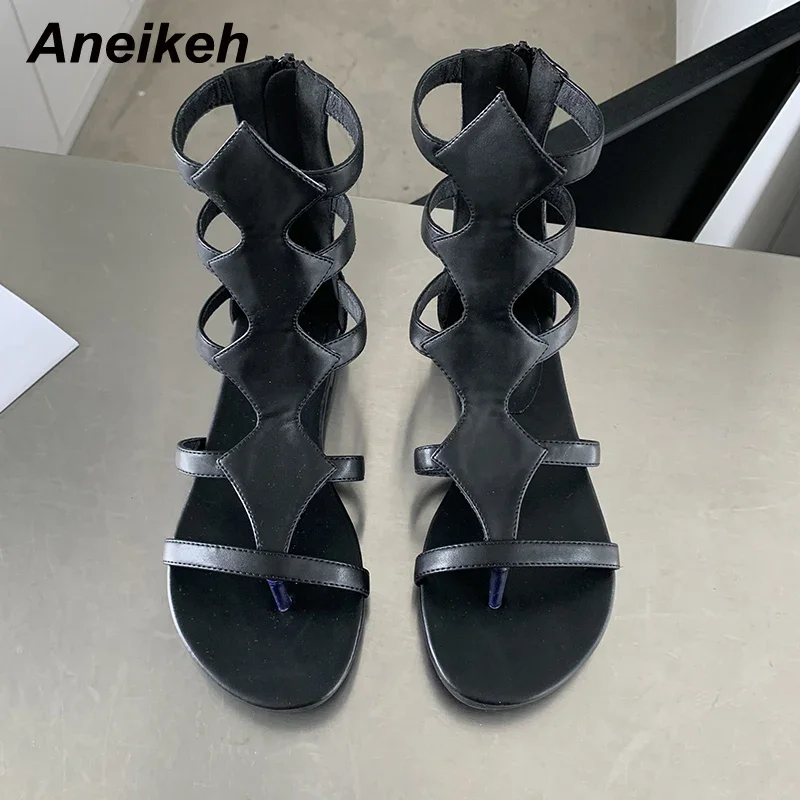 Aneikeh Women\'s Shoes 2026 New Rome Fashion Thong Solid Flat with Sewing Leisure Sandal Striped Ankle-Wrap Hollow Out Classics