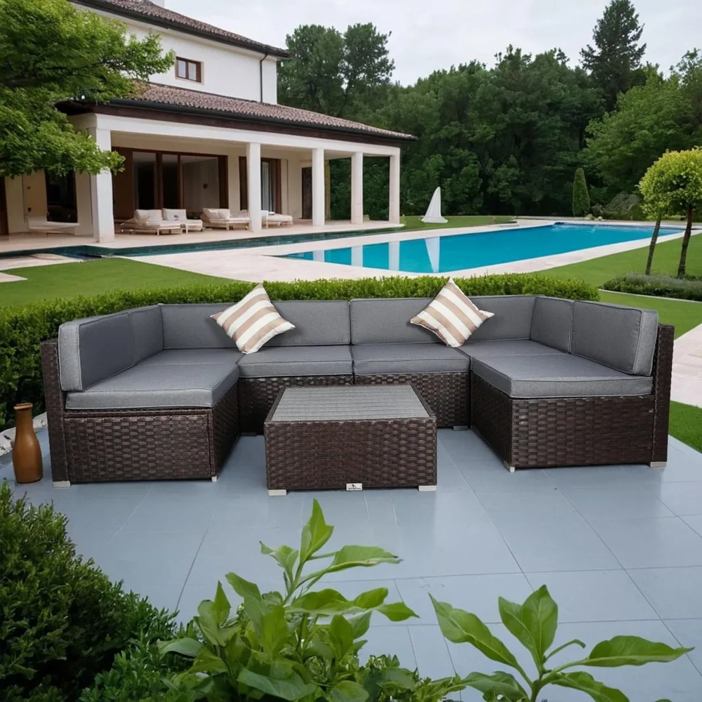 7-teiliges Terrassenmöbel-Set für den Außenbereich mit Kissen, Sofagarnitur für den Außenbereich aus PE-Rattangeflecht mit Gespräch und Terrassencouch