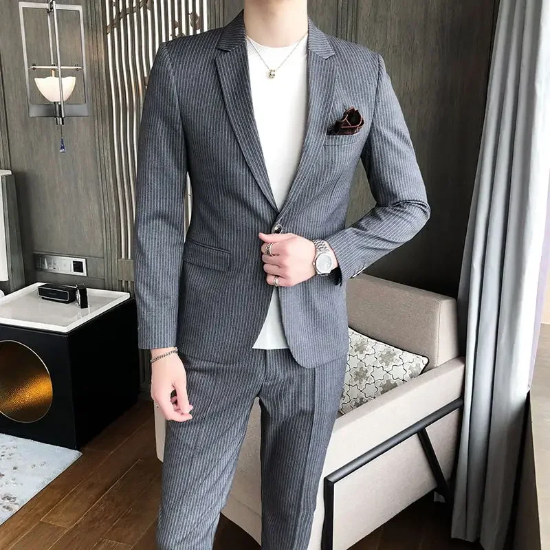 High Quality (suit + Trousers) Men's Fashion Business Korean Version Casual Contrast Color Teenage Gentleman Slim Two-piece Suit