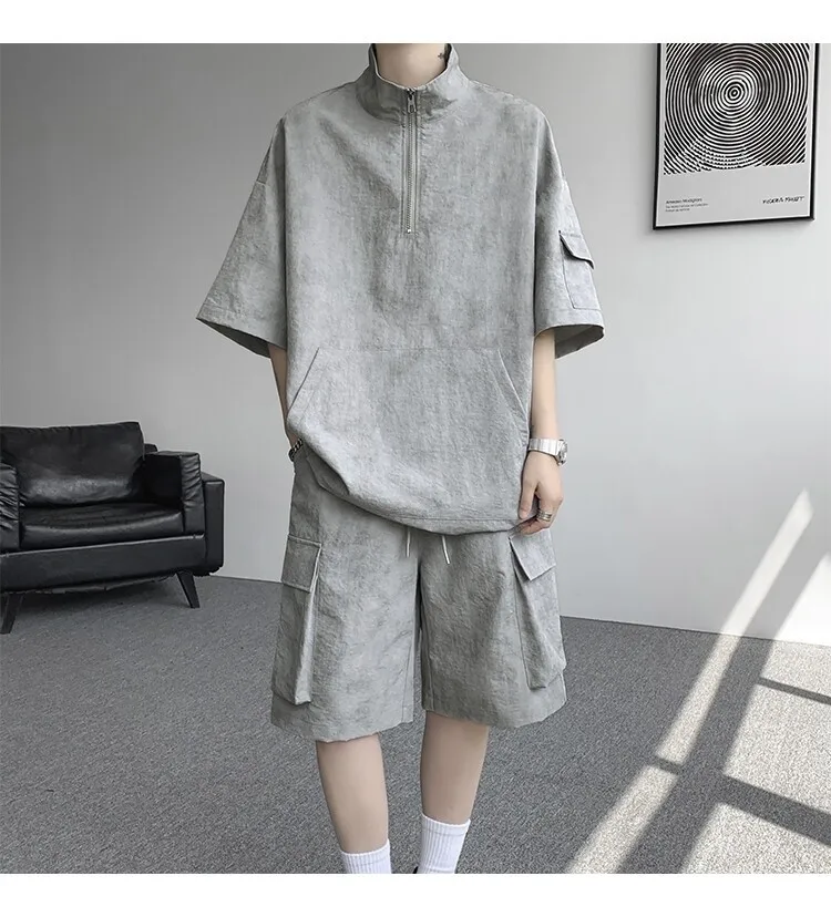 2026 Sommer Hong Kong Style Halb-Reißverschluss-Färbe-Set aus Eisseide mit Kühlfunktion, zweiteiliges Sportswear-Outfit im Hanfu-Stil mit kurzen Ärmeln – Detail 27